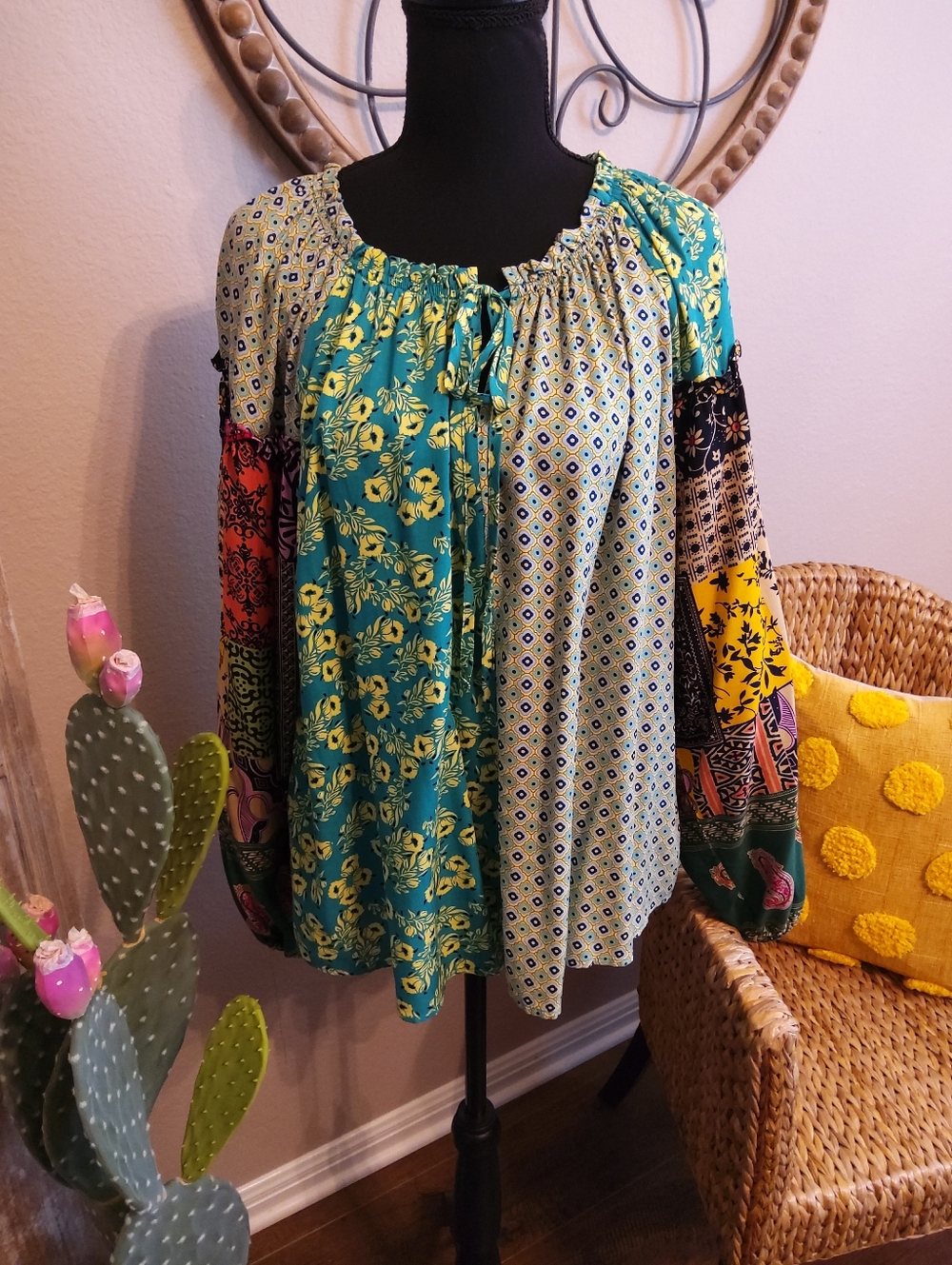 Easel of Los Angeles Boho Patchwork Peasant Blouse - Teal Floral